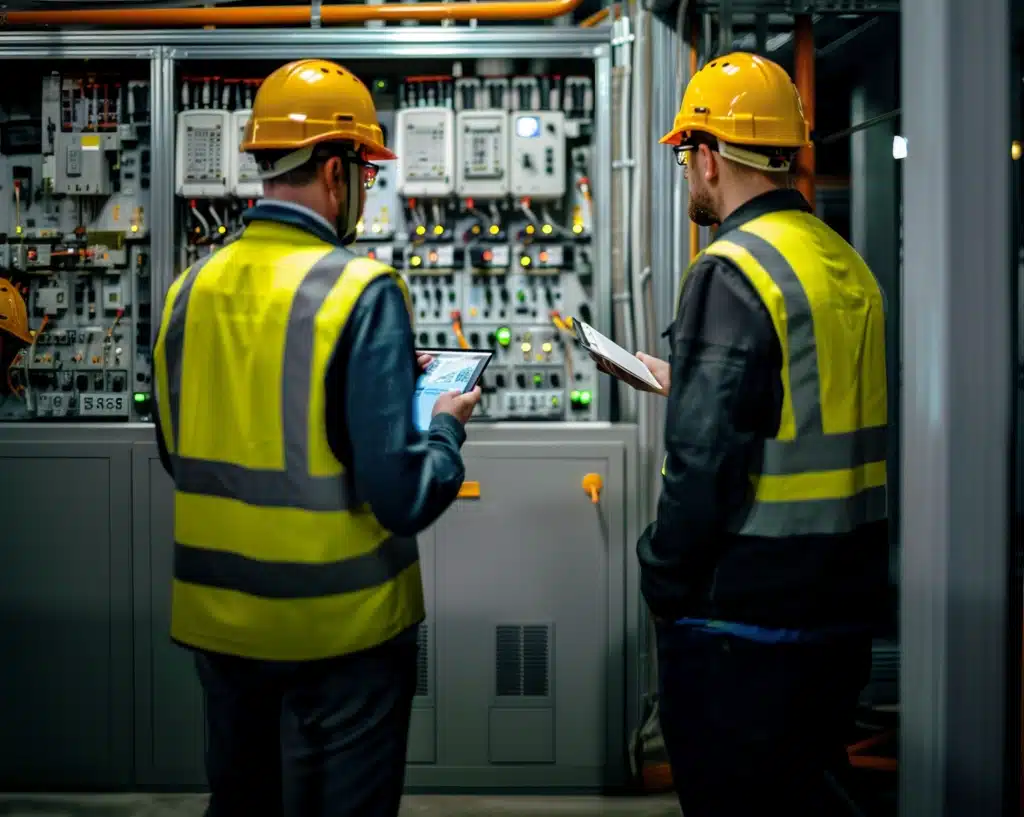 2 electricians working on a PLC in a factory.